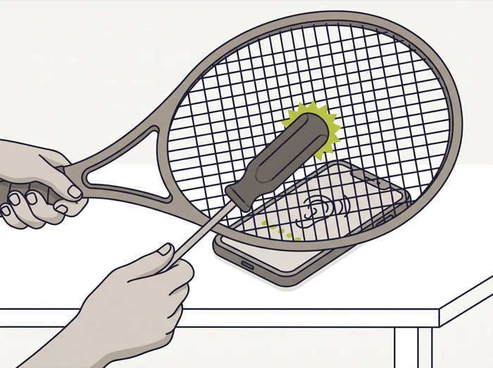 Tapping the middle of the stringbed with a screwdriver handle