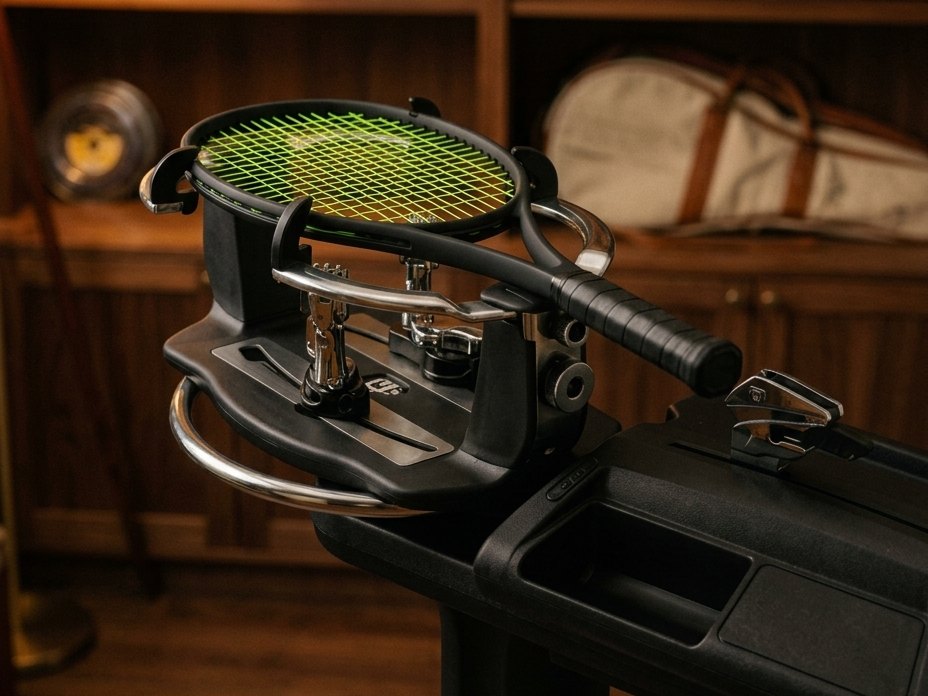 A racquet mounted in a stringing machine, tension head pulling a string
